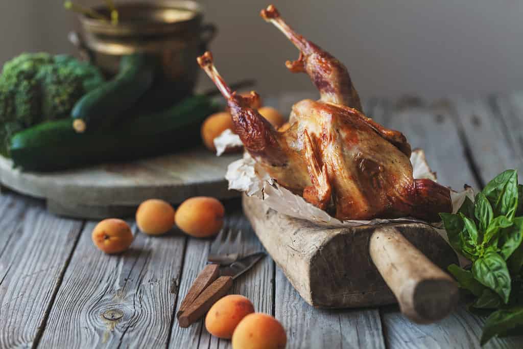 Baked guinea fowl on a rustic background