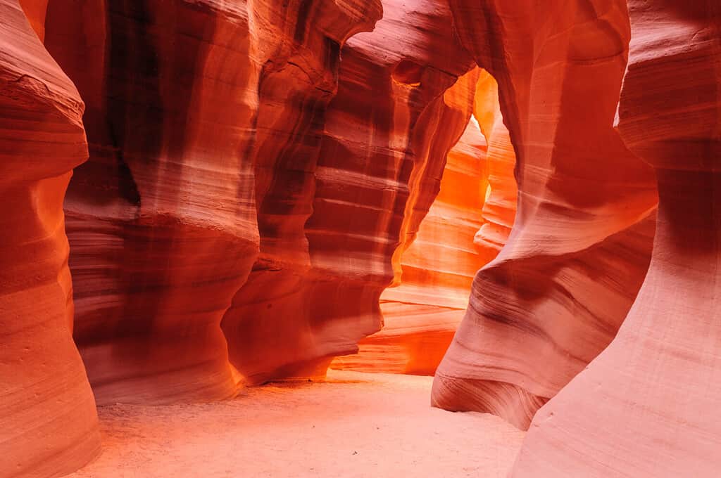 The interior of the narrow walls of the winding Antelope Canyon in Navajo Tribal Park, near Page Arizona.