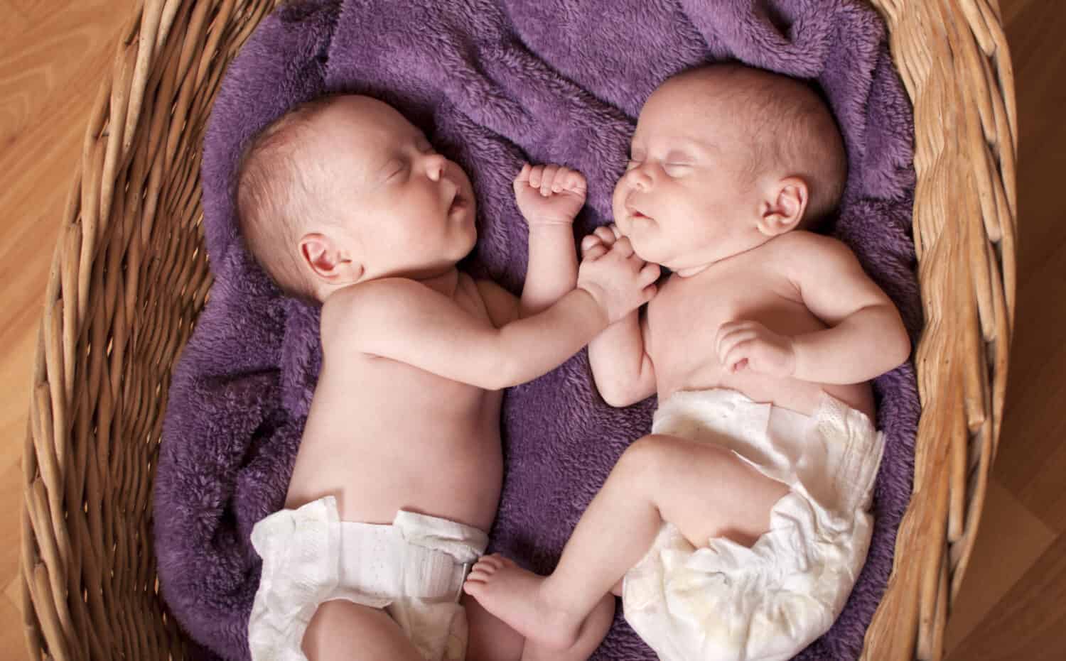 Little newborn twins are sleeping.