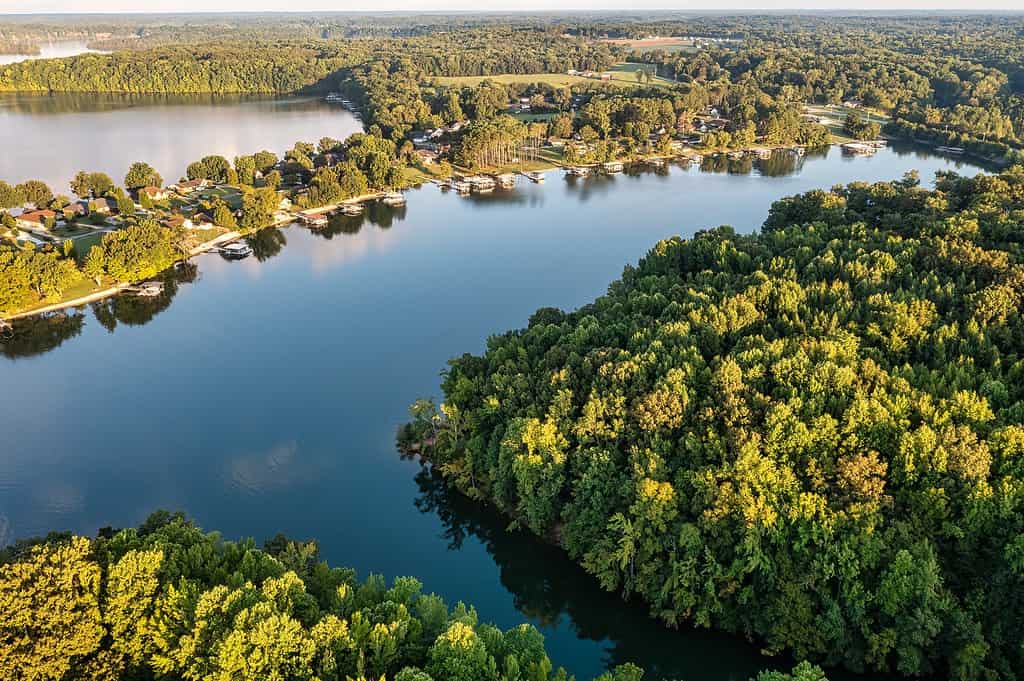 An aerial view of lake homes. 