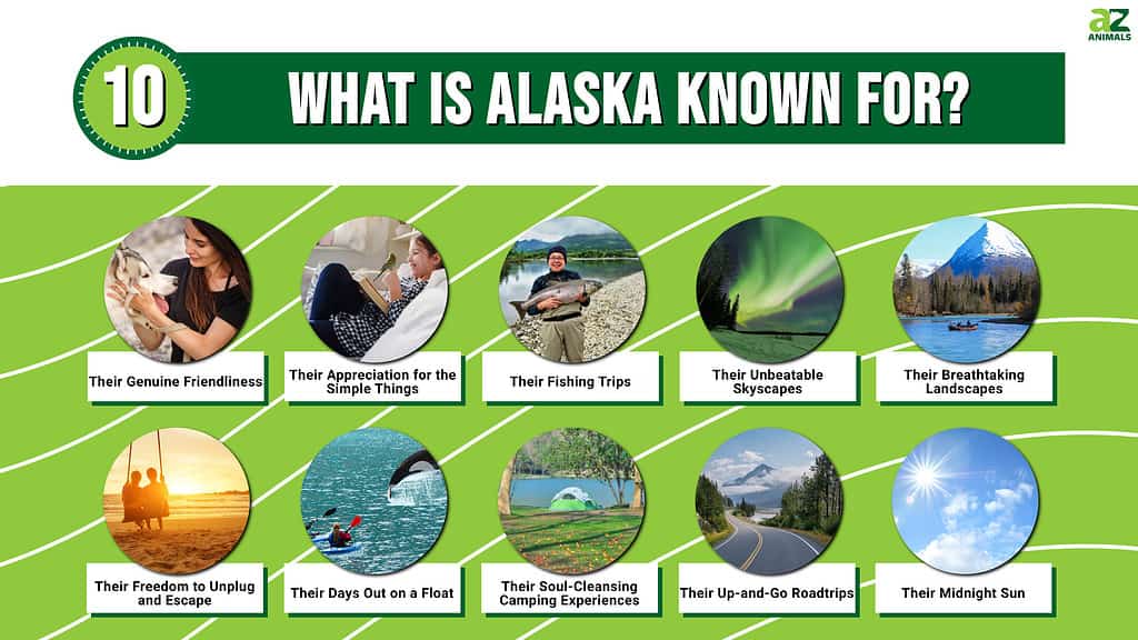 Alaskans are known for 10 things they love about themselves, such as nature, fishing, landscapes, floating, road trips, and the midnight sun.  
