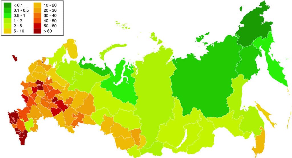 Population density map of Russia