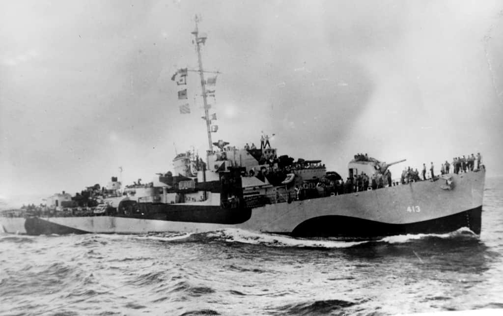 The U.S. Navy destroyer escort USS Samuel B. Roberts (DE-413) underway in October 1944, a week or two before she was lost in the Battle off Samar on 25 October 1944. She is painted in Camouflage Measure 32, Design 22D. The photo was taken from USS Walter C. Wann (DE-412).