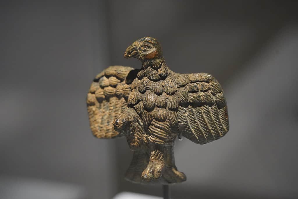This plate, the function of which is unknown, shows the appearance of an eagle (aquila in Latin). Eagles had special significance for the Romans: it was the sacred bird of the supreme god Jupiter, and representations of eagles also crowned standards of Roman legions. Military standard, adorned with an eagle, was extremely important for a legion: if an enemy seized it, it was a shame in the eyes of the Romans, and the legion - and maybe even all Rome- expected some misfortune. Everything was done to regain the standard. Bronze. 0-300 AD. Now in the British Museum, inv. 1975,0307.7. Picture taken at the Oog in oog met de Romeinen (Eye to Eye with the Romans) Exhibition in the Gallo-Romeins Museum of Tongres.