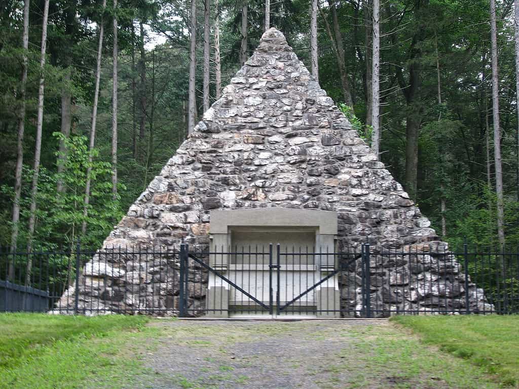 Stone pyramid marking the site of the birthplace of President James Buchanan in Buchanan's Birthplace State Park in Franklin County, Pennsylvania, USA.