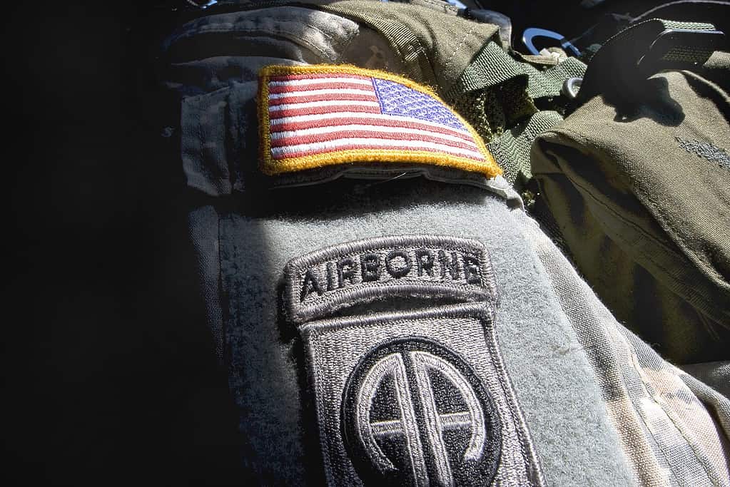 The 82nd Airborne patch is worn below the American flag on the uniform of a UH-60 Blackhawk Crew Chief at Ft. Benning, Ga., Oct. 20, 2009. Army photo by D. Myles Cullen (released)