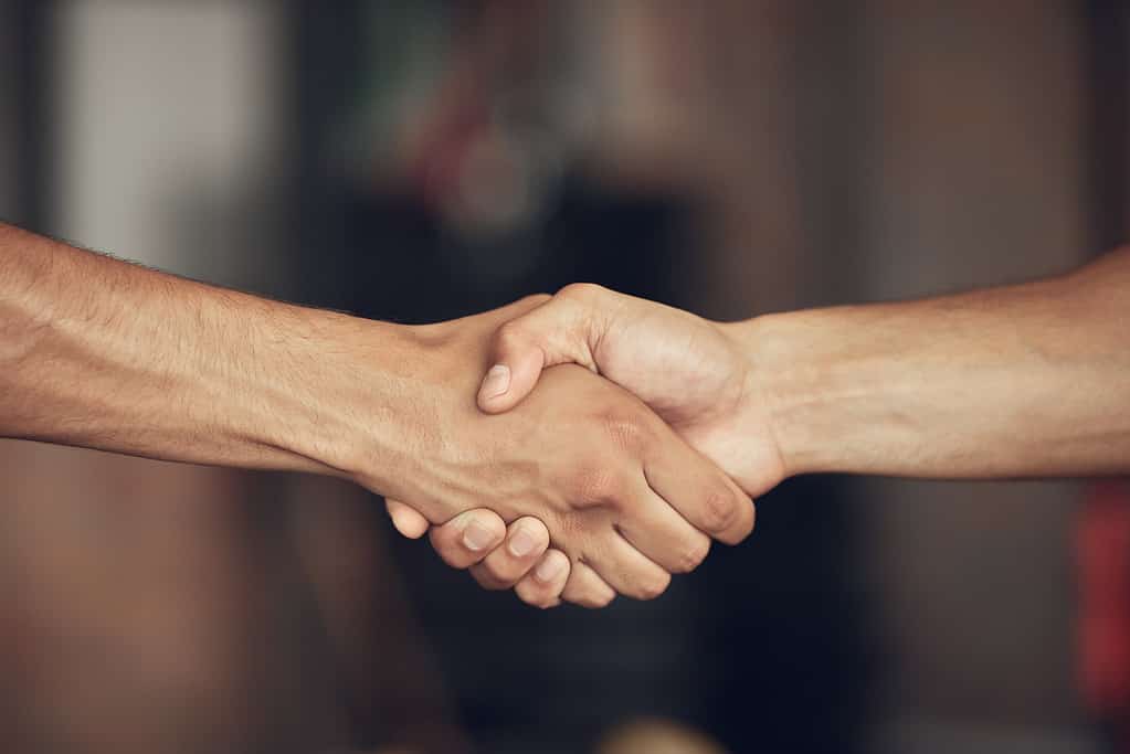 Closeup on hands of athletes handshake in the gym. Two bodybuilders greeting before workout together. hands of fit men collaborate before exercise. Athletes saying hello in the gym