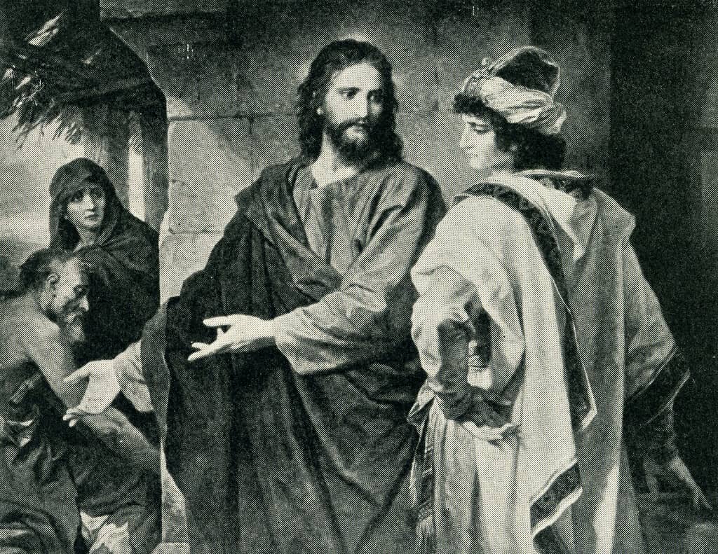 The painting depicts  the life of Jesus when a rich young man, or ruler, asks Jesus what he must do to inherit eternal life. Heinrich Hofmann studied at the Dusseldorf Academy of Art in 1842 when he was eighteen years old. He studied in Belgium and Munich.