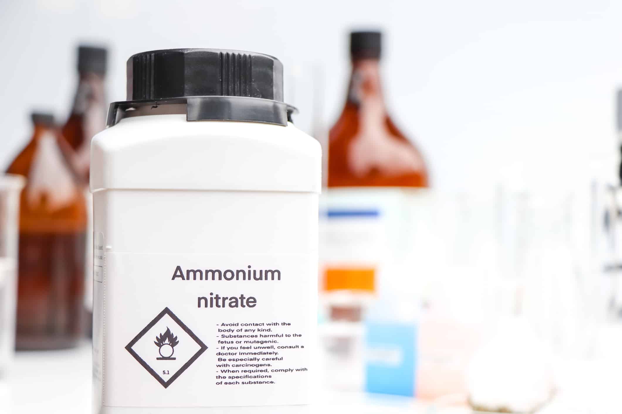 Ammonium nitrate in bottle, chemical in the laboratory and industry