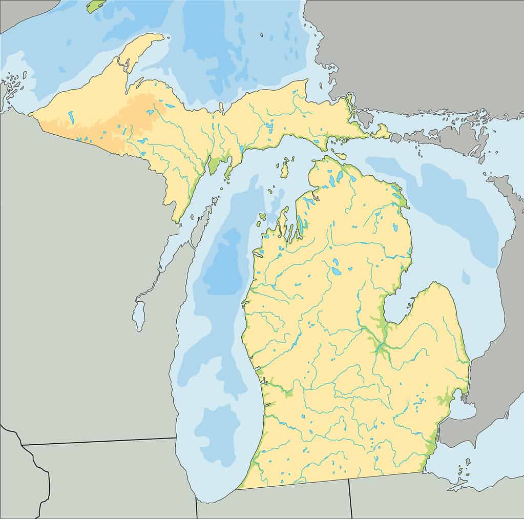 High detailed Michigan physical map.