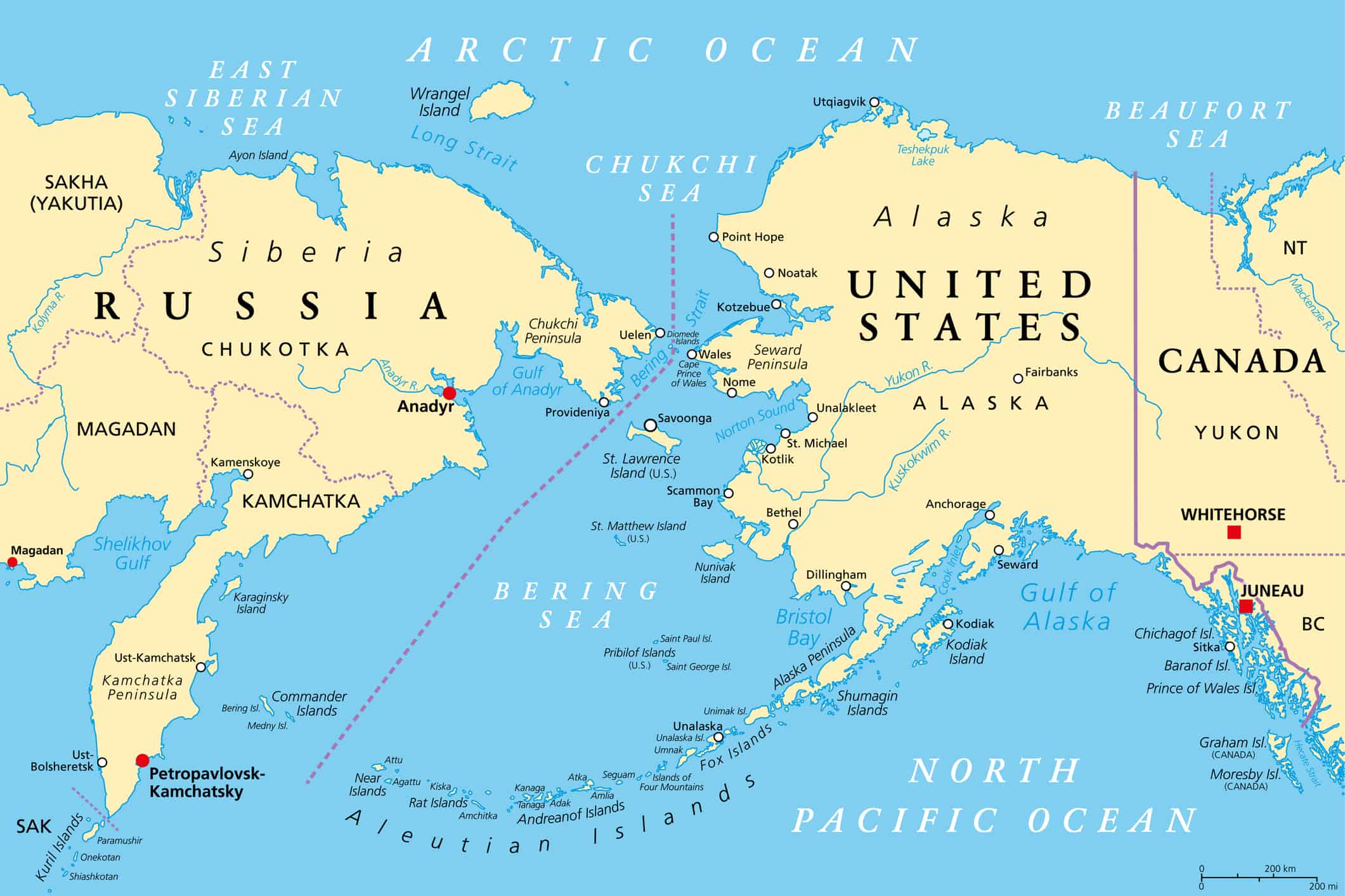 Maritime boundary between Russia and United States, political map