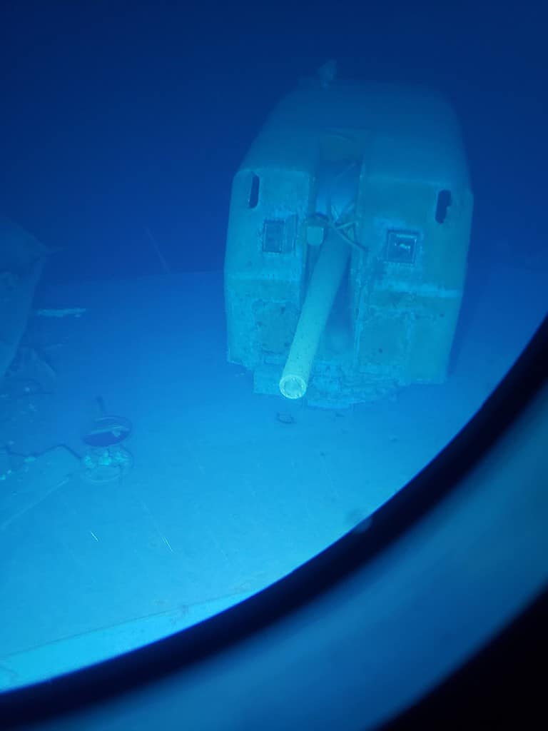 The most-forward 5" gun mount on the wreck of the USS Johnston, DD-557, resting in the Philippine Sea at 6,425 meters, where she sank after the Battle of Leyte Gulf