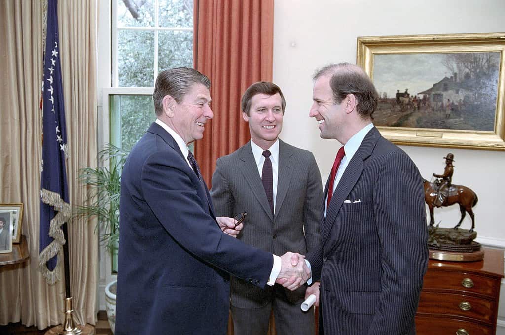 3-6-1984 President Reagan meeting with Senators Joseph Biden and William Cohen to discuss arms control and the results of their trip to the Soviet Union last month in oval office