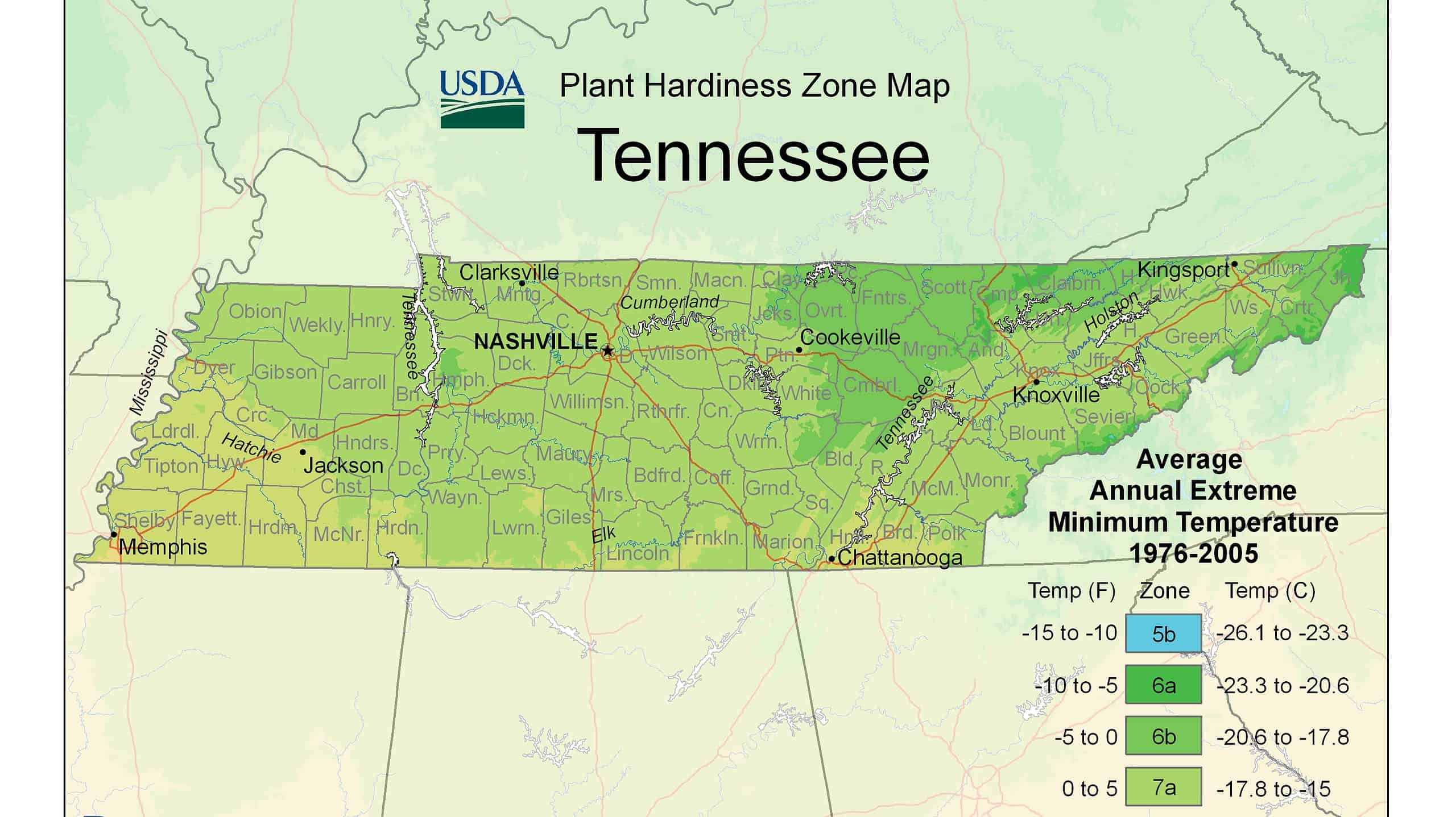 USDA Plant Hardiness Zone Map of Tennessee.