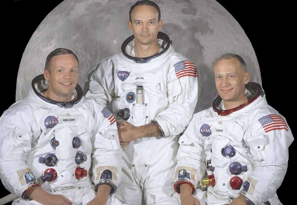 Portrait of the prime crew of the Apollo 11 lunar landing mission. From left to right they are: Commander, Neil A. Armstrong; Command Module Pilot, Michael Collins; and Lunar Module Pilot, Edwin E. Aldrin Jr.