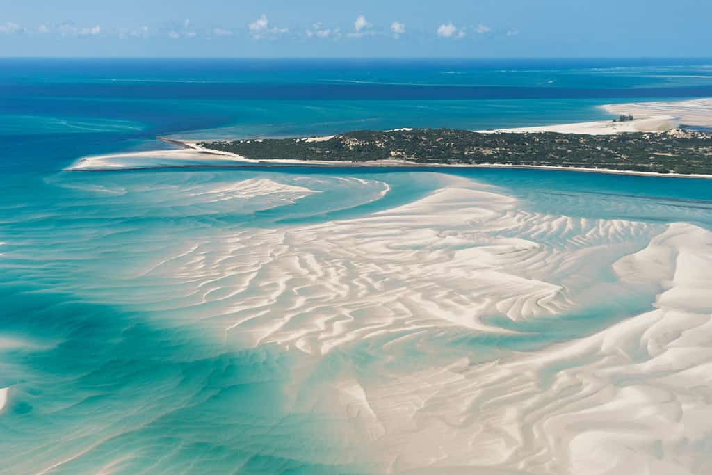 An Island in Vilankulo, Mozambique, Africa As Seen From Above, Surrounded by Sand and Water