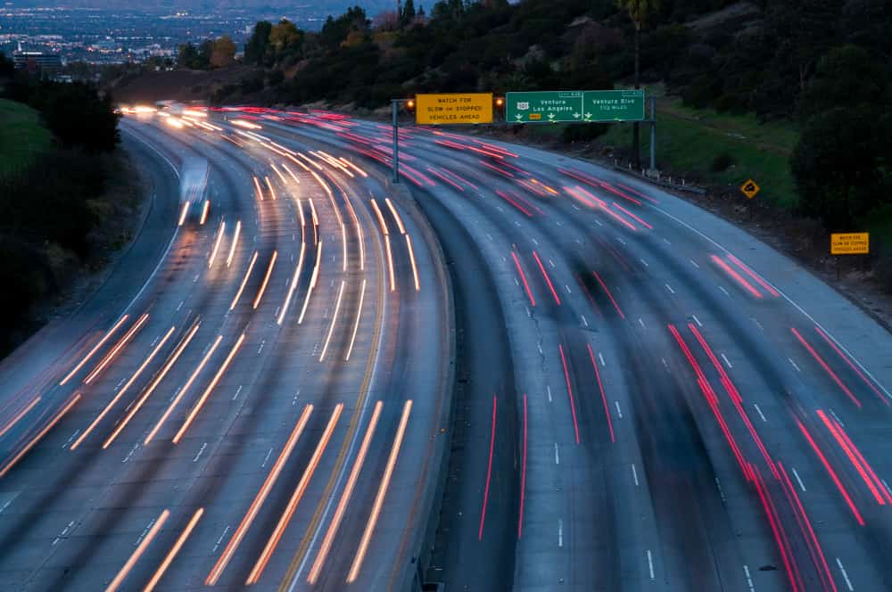 Blurred car lights at dusk, Interstate 405, Los Angeles, California, USA