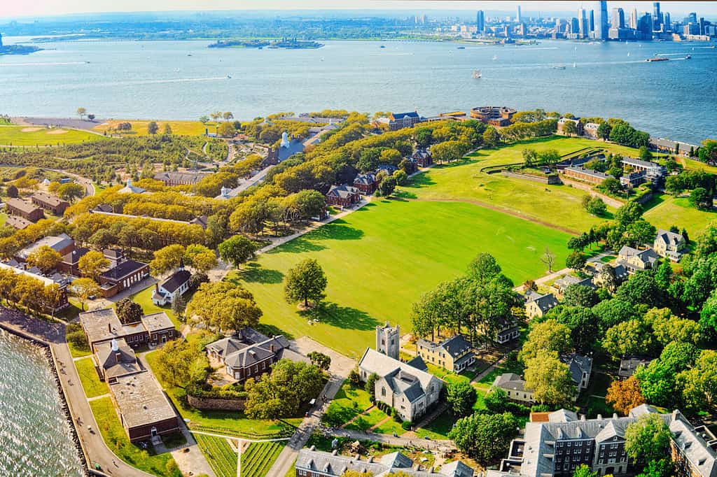 Governors Island National Monument near New York and Manhattan from a bird's eye view.