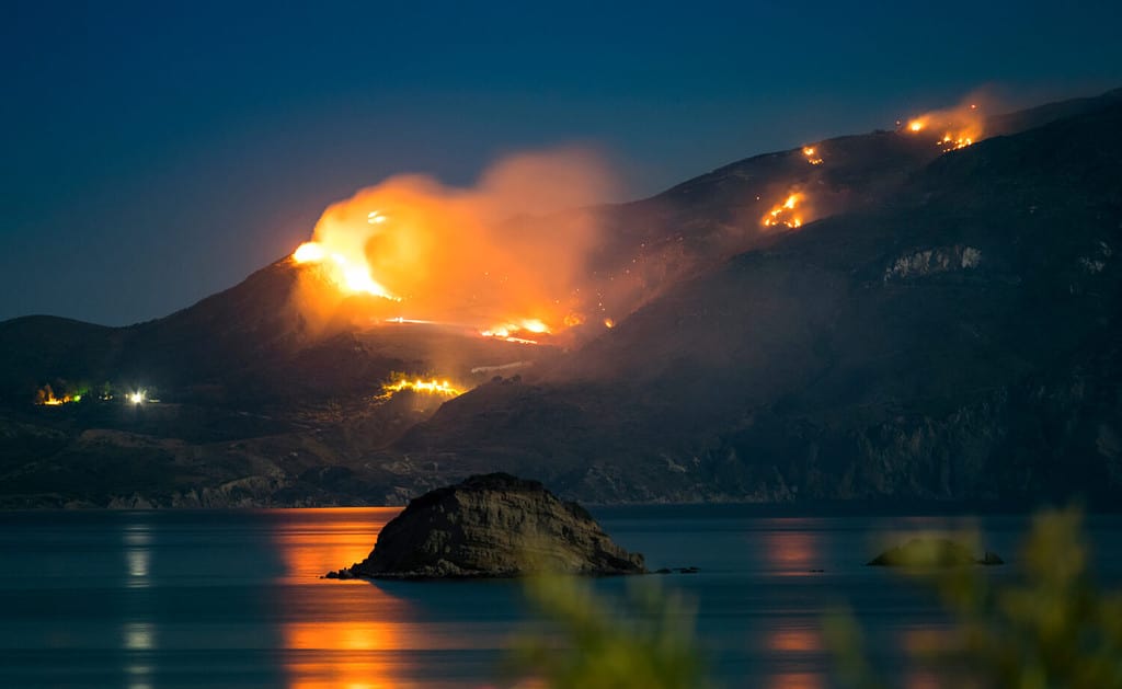 Raging Forest Fire at Night in Zakynthos, Greece