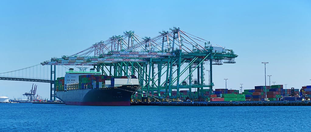 Cargo ship and cranes at the port of Long Beach, Los Angeles, California