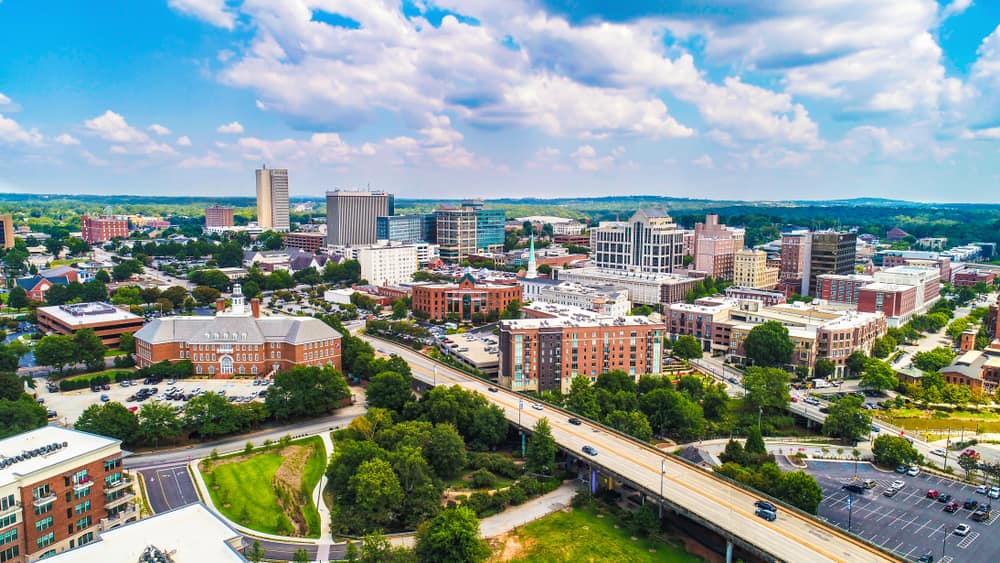 Drone Aerial of the Downtown Greenville, South Carolina SC Skyline