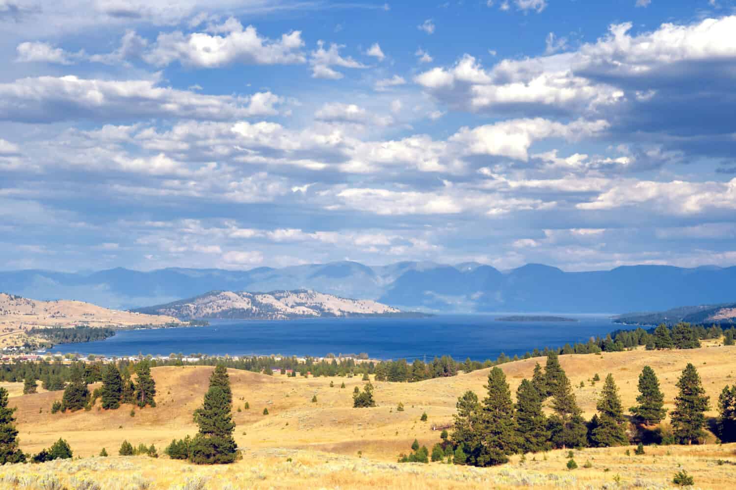Hillside of juniper and sage brush above Flathead Lake and the town Elmo, Montana