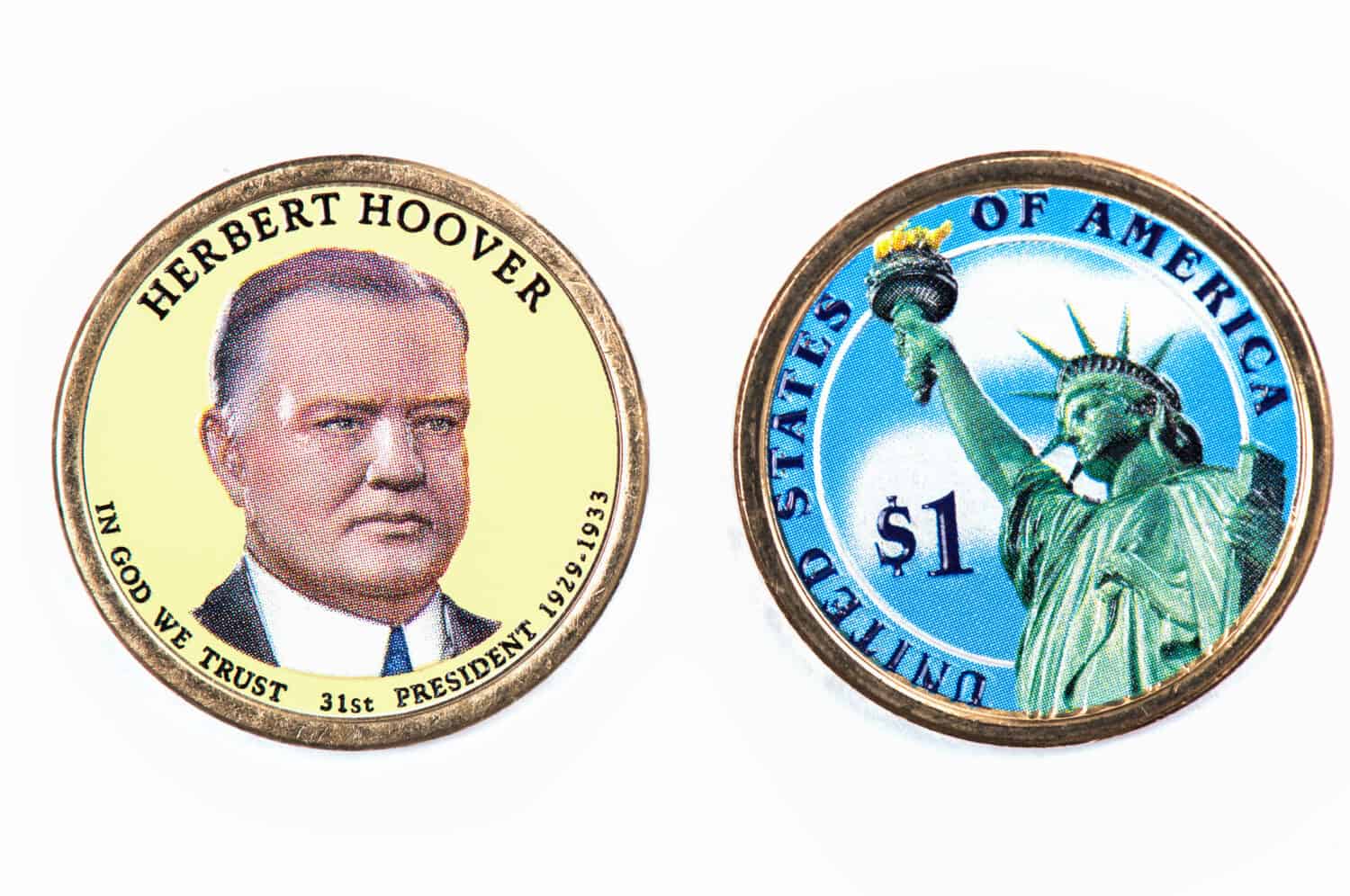 Herbert Hoover Presidential Dollar, USA coin a portrait image of WILLIAM HOWARD  in God We Trust 31th PRESIDENT 1929 -1933 on $1 United Staten of Amekica, Close Up UNC Uncirculated - Collection