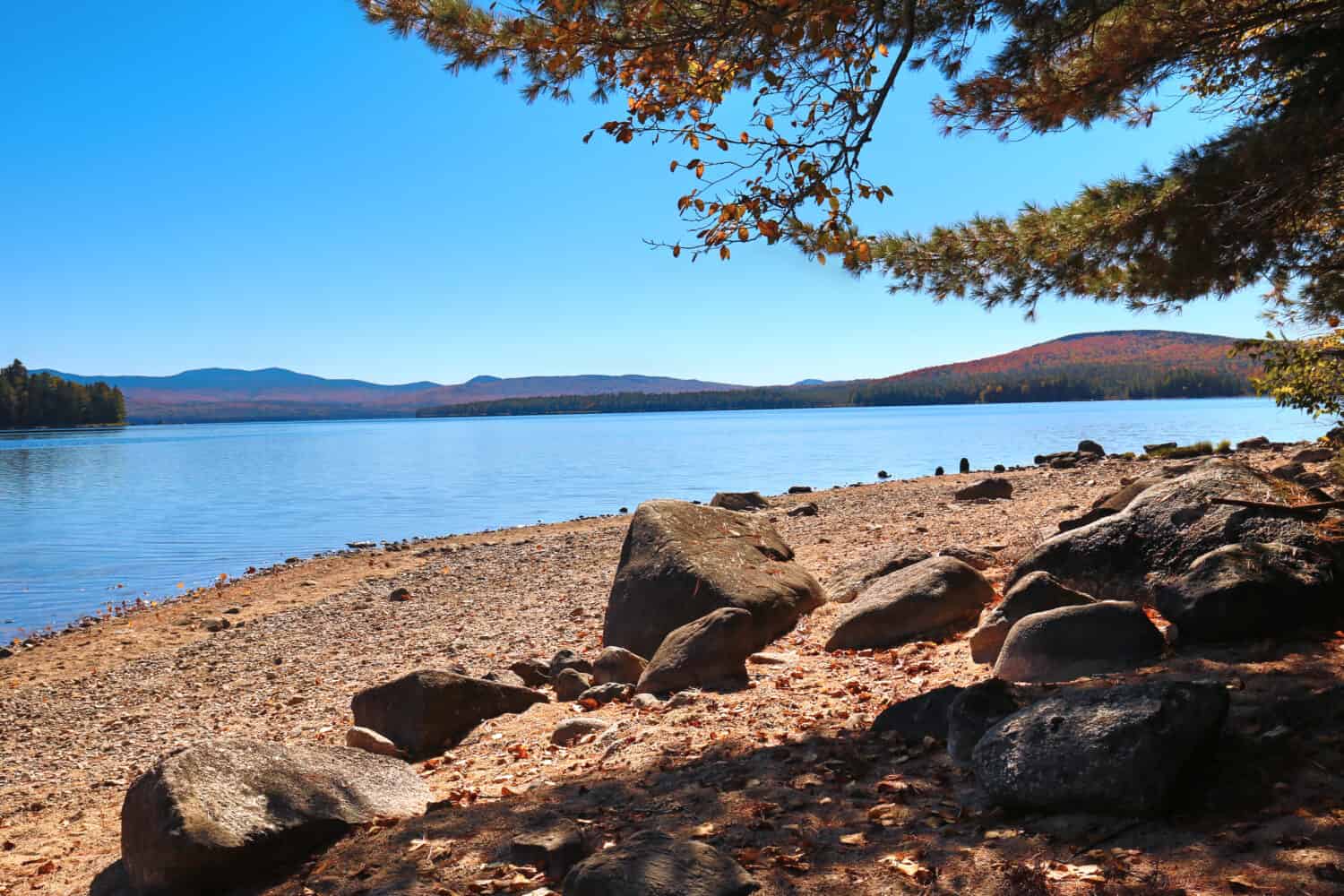 Rocky beach and fall colors on Richardson Lake in Oxford County, Maine.
