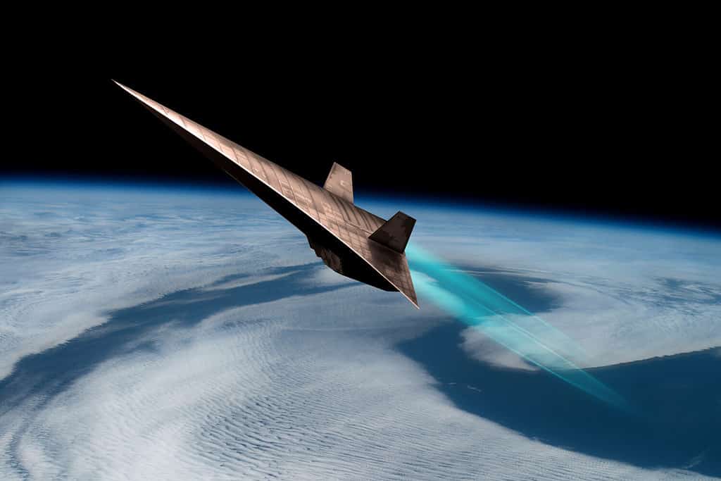 An unmanned scramjet flys toward outer space near the edge of Earth's atmosphere. The twin engines use the thin air for oxygen. - Elements of this image courtesy of NASA