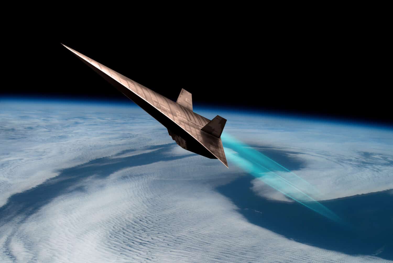 An unmanned scramjet flys toward outer space near the edge of Earth's atmosphere. The twin engines use the thin air for oxygen. - Elements of this image courtesy of NASA