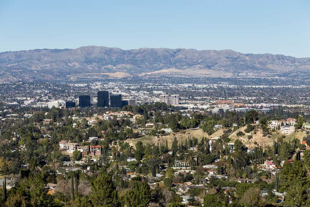 Clear day view of Woodland Hills and Warner Center in the west San Fernando Valley area of Los Angeles, California.