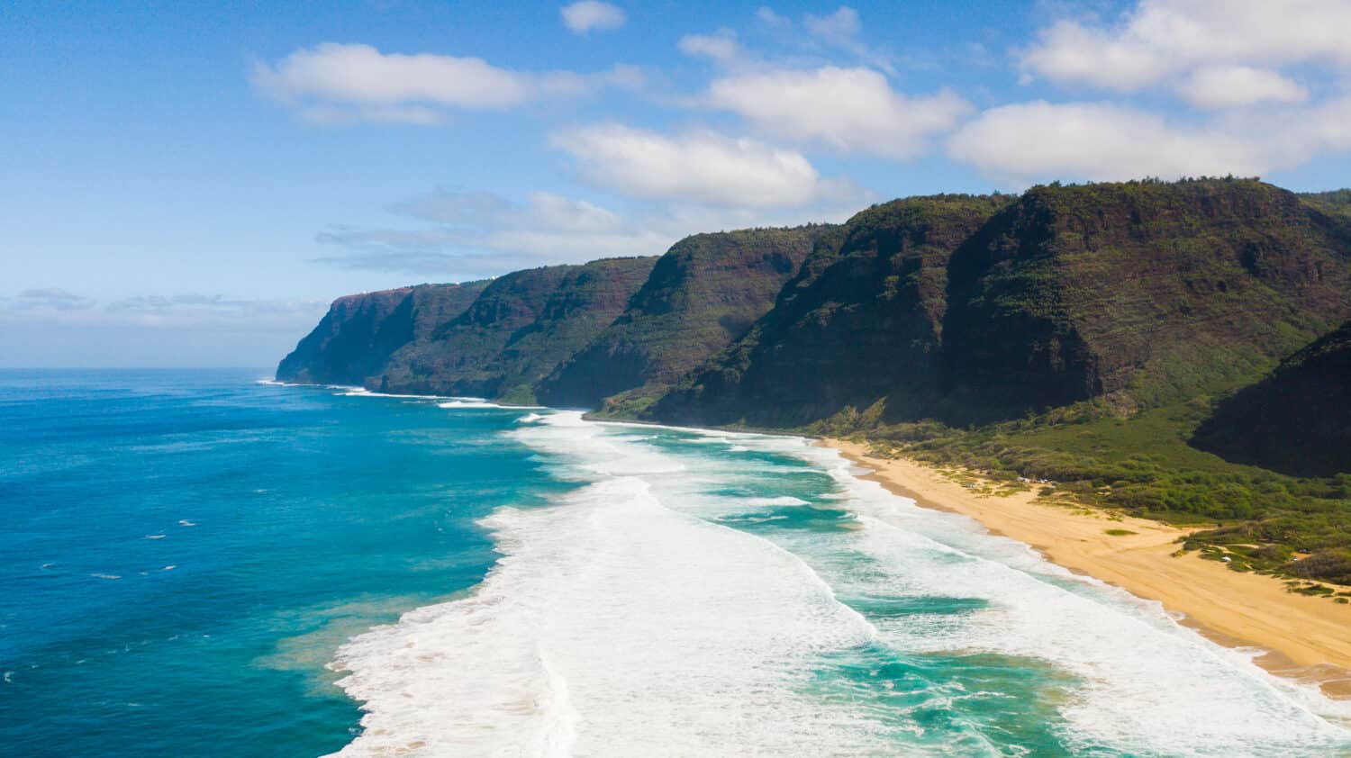 Aerial view of Polihale park south of Na pali coast in Kauai Hawaii.