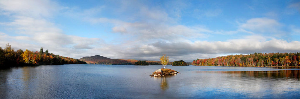 A Tiny Island In Tupper Lake During The Peak Of Autumn, Panoramic View, Adirondack Mountains, New York, USA