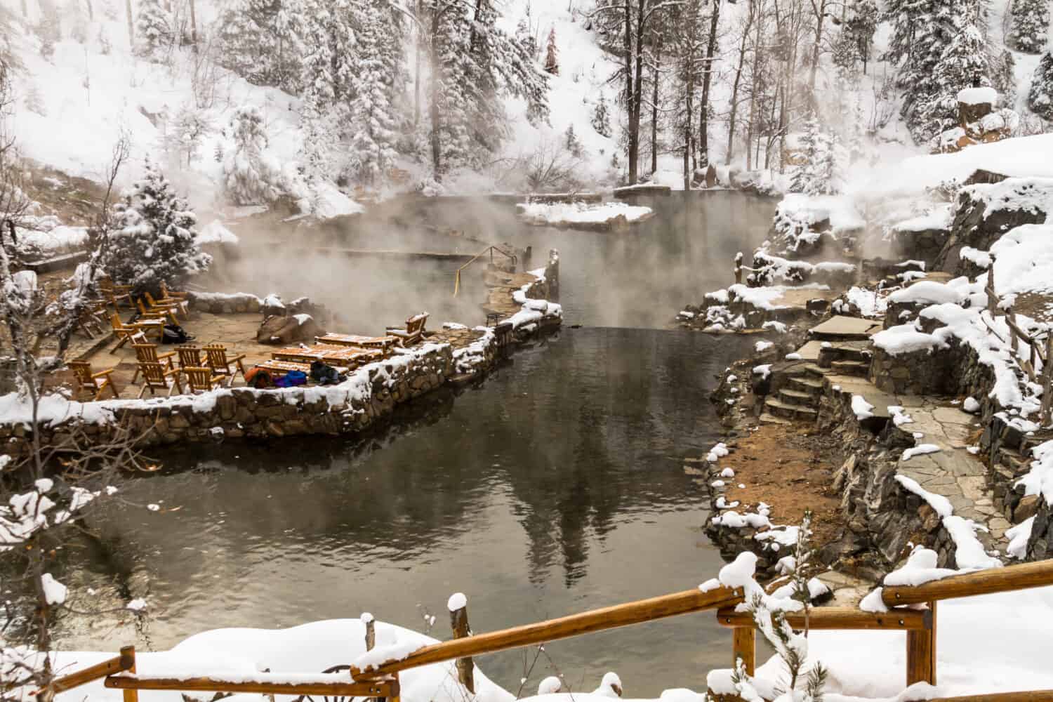 Strawberry Park Hot Springs natural hot springs in winter after freshly fallen snow