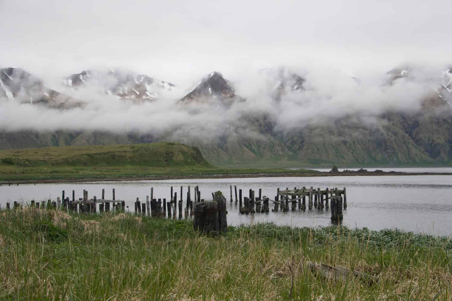 view of massacre bay, island of Attu, Aleutians with mountains and low clouds