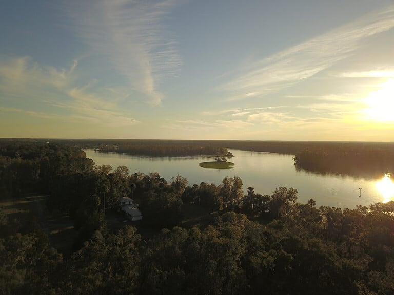 Aerial Ocala National Forest St Johns River Florida Marina Boats Sunset