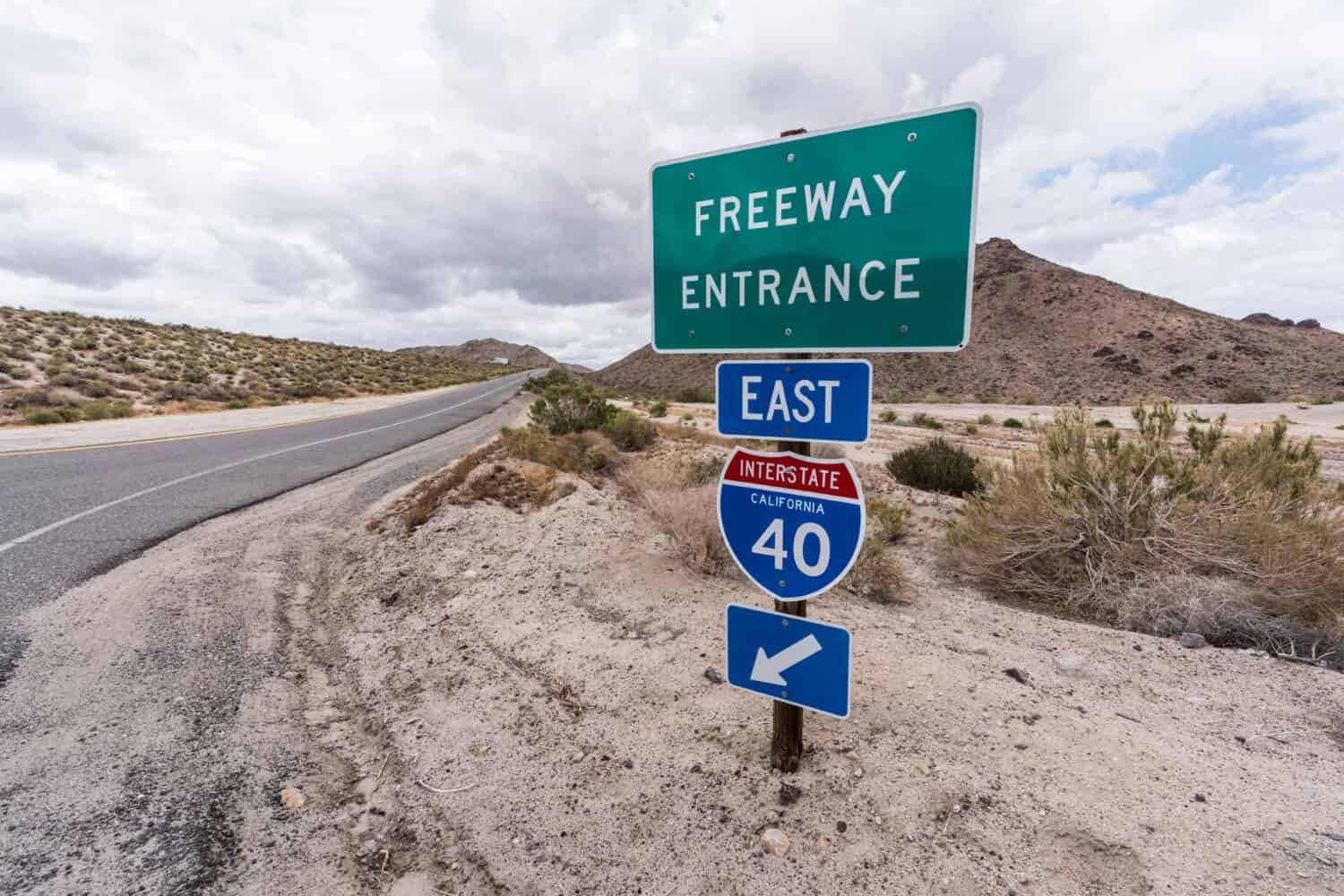 Interstate 40 east freeway on ramp sign near Mojave National Preserve in Southern California.