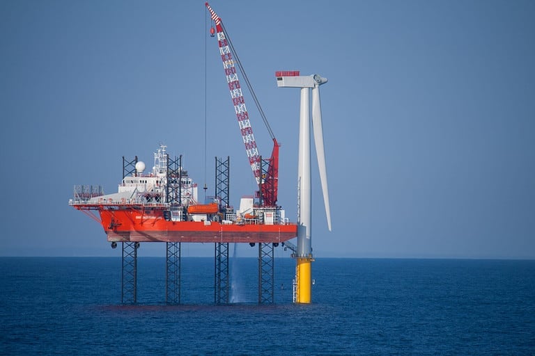 Offshore Wind Turbine in a Windfarm under construction off the English Coast, North Sea