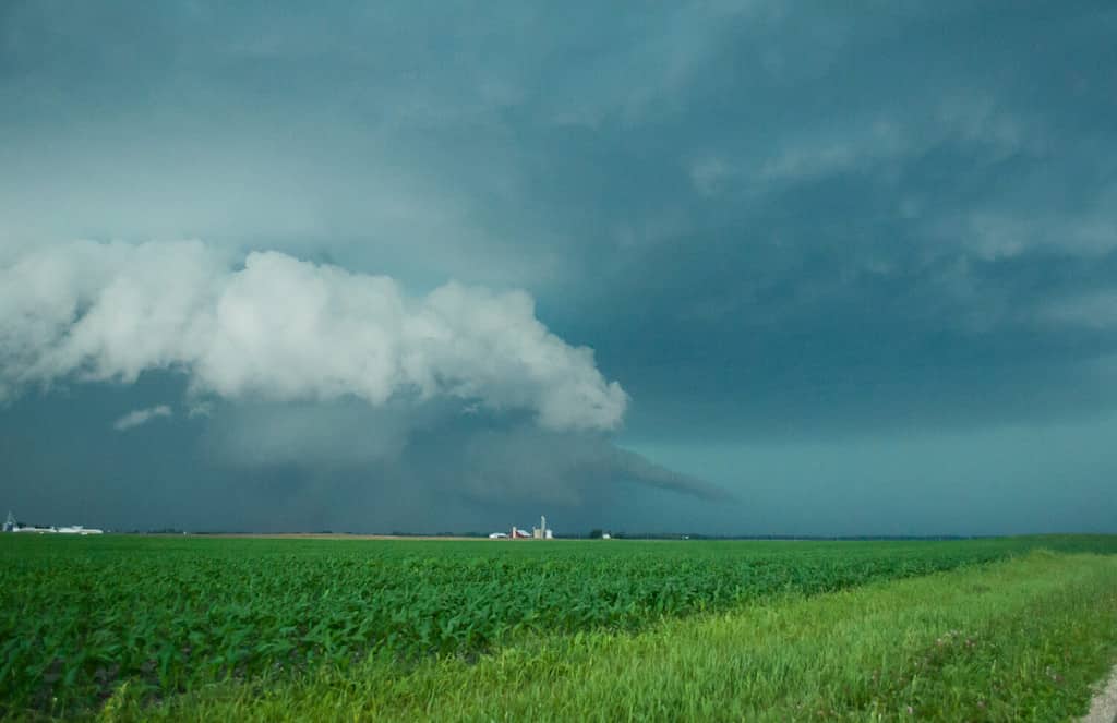 Wall cloud with rain wrapped tornado and tail cloud.