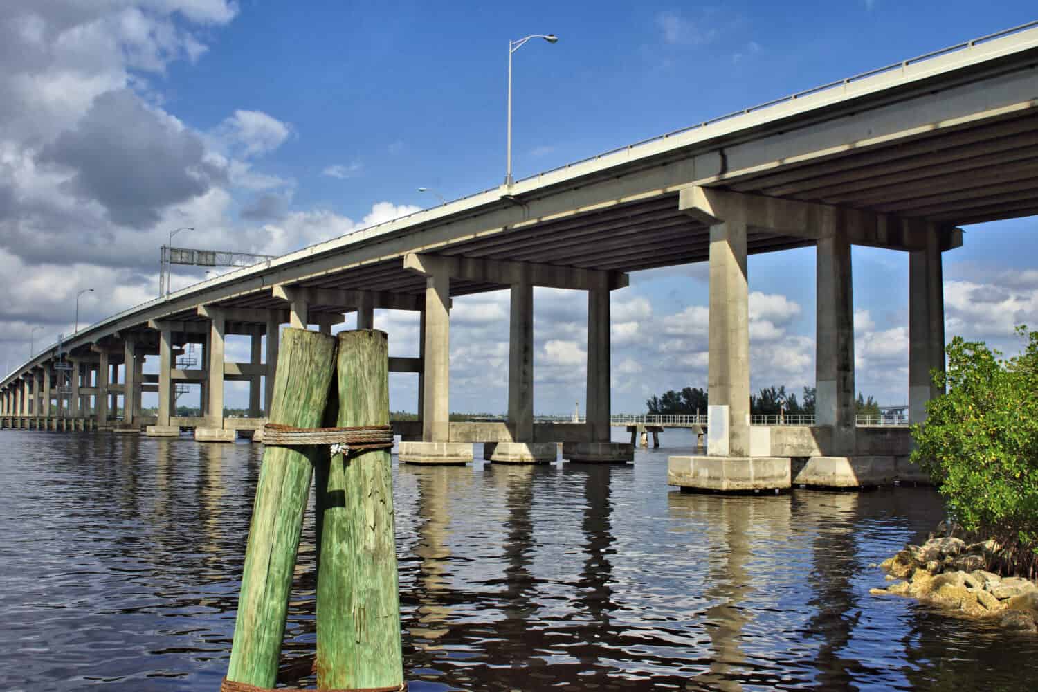US Highway 41 bridge spanning the Caloosahatchee River from Centennial Park in Fort Myers, Florida                            