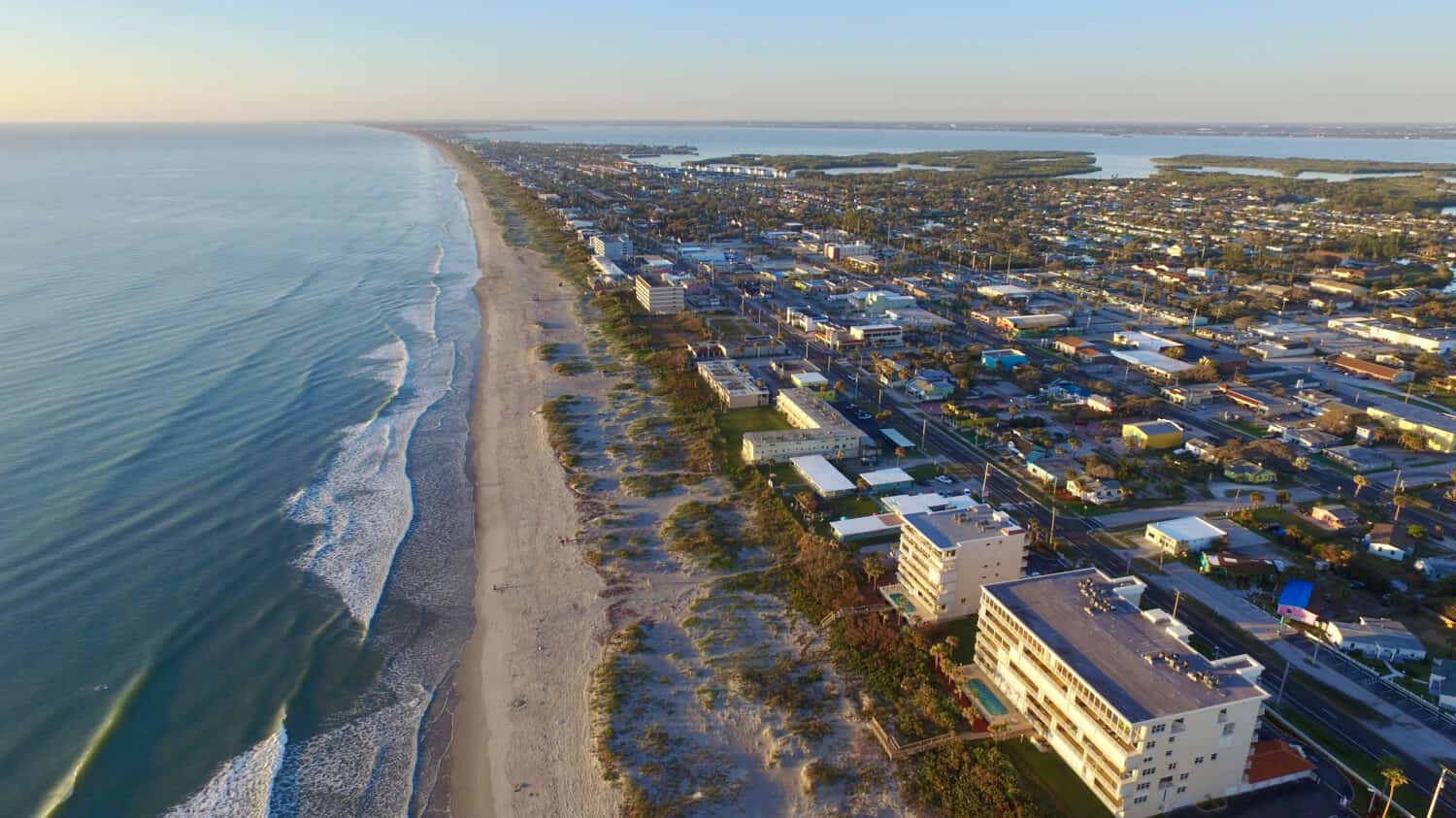 Aerial view of the Space Coast featuring downtown Cocoa Beach, FL 