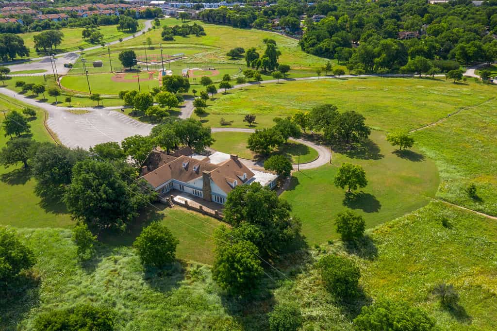 The Winfrey Point building at White Rock Lake, Dallas taken from an aerial perspective.
