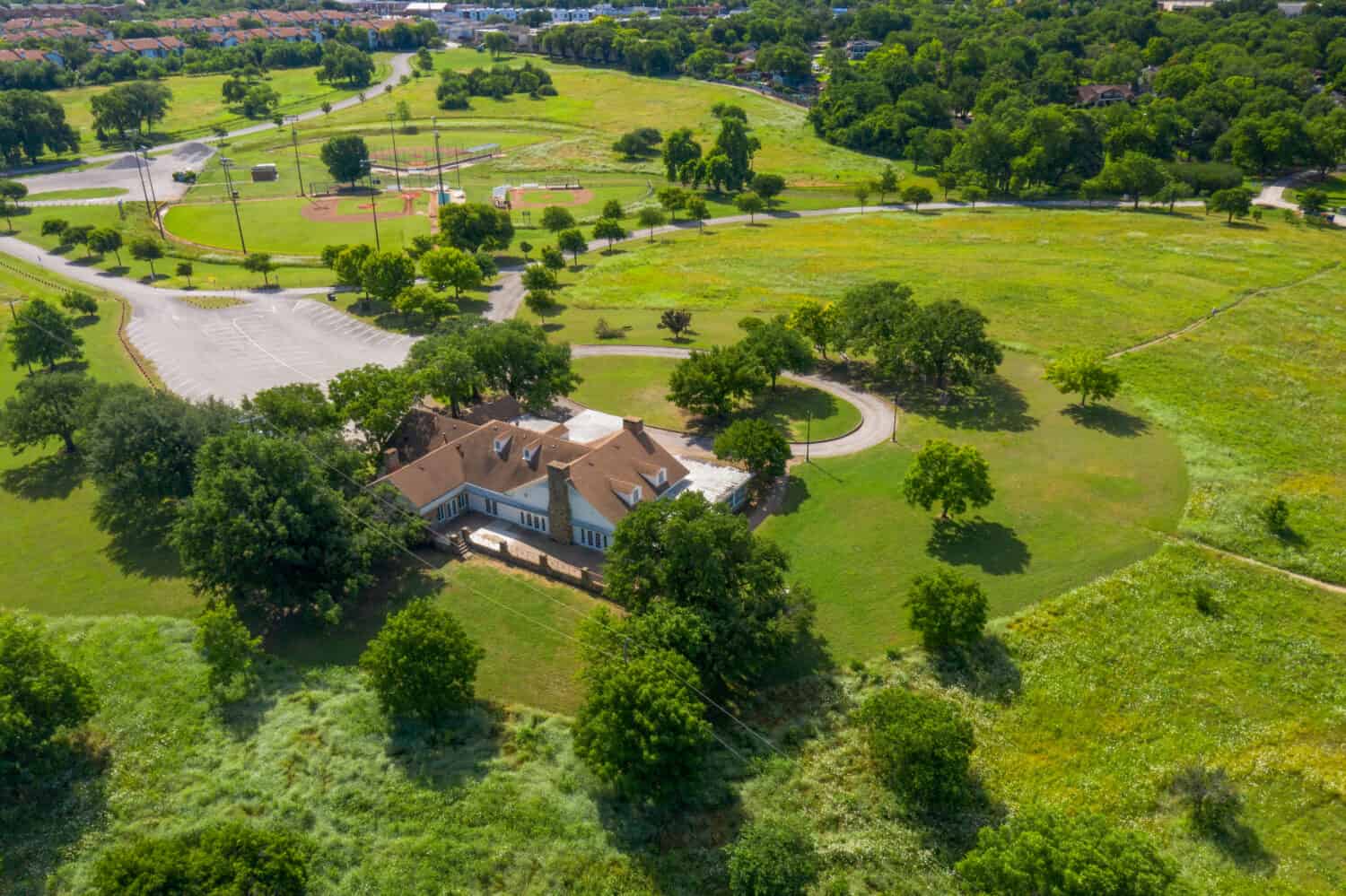 The Winfrey Point building at White Rock Lake, Dallas taken from an aerial perspective. 