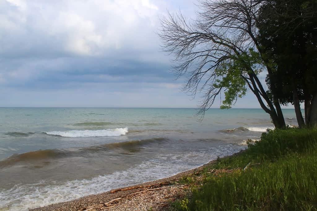 Beautiful summer landscape in a state park. Lake Michigan beach scenic view at Harrington Beach State Park, Wisconsin, USA. Wisconsin nature background.