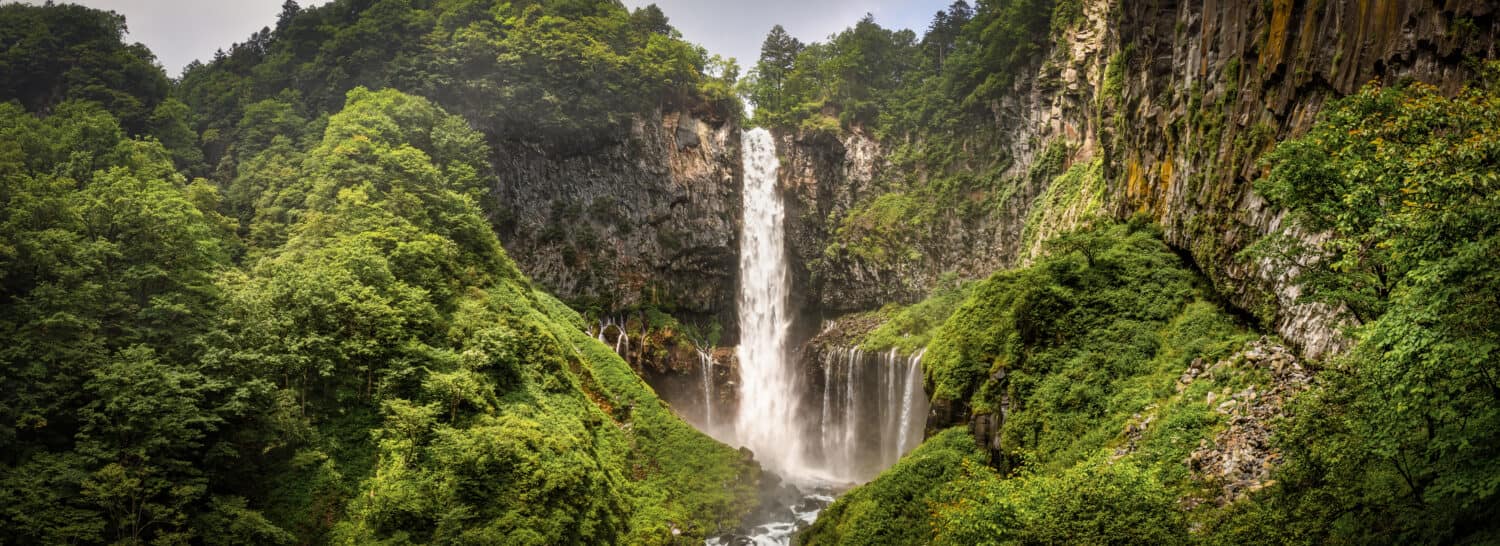 Kegon Falls in Nikkō National Park near Nikkō, Japan is considered to be one of Japan’s top 100 waterfalls and consists of the main falls at about 320 feet high surrounded by 12 smaller falls.
