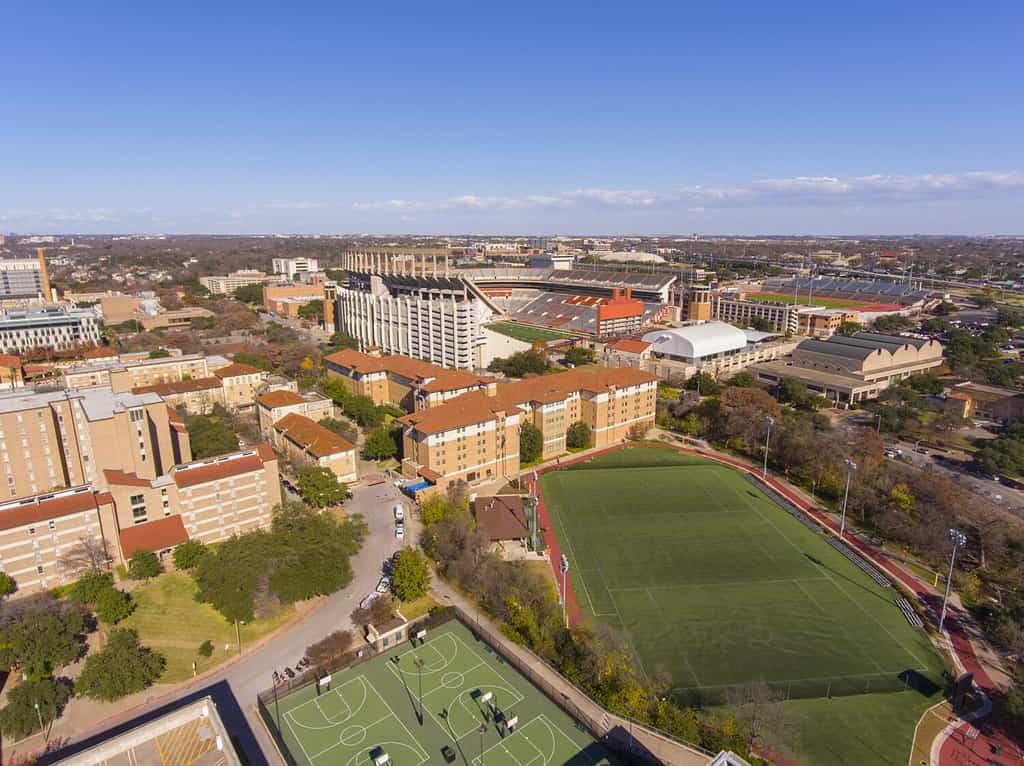 University of Texas at Austin aerial view including Darrell K Royal-Texas Memorial Stadium, Austin, Texas, USA.