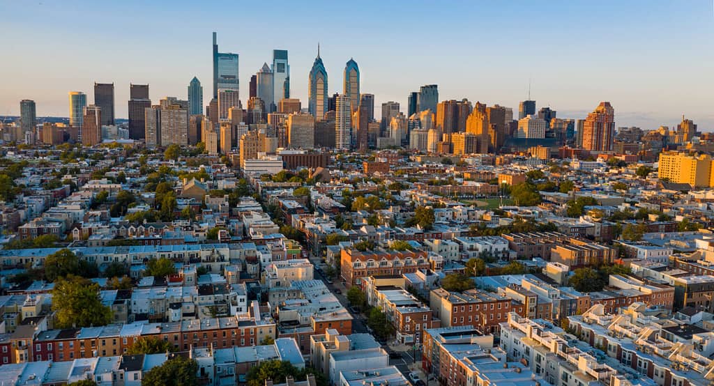 Aerial view over the neighborhoods and streets of Philadelphia PA USA