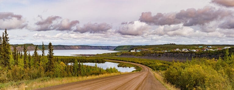 Arctic landscape around Dempster Highway aproaching small town of Tsiigehtchic at shore of Mackenzie River, Northwest Territories, NWT, Canada