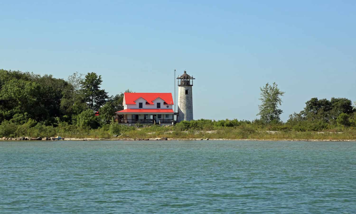 Restored Charity Island lighthouse on Saginaw Bay on Lake Huron, Michigan
