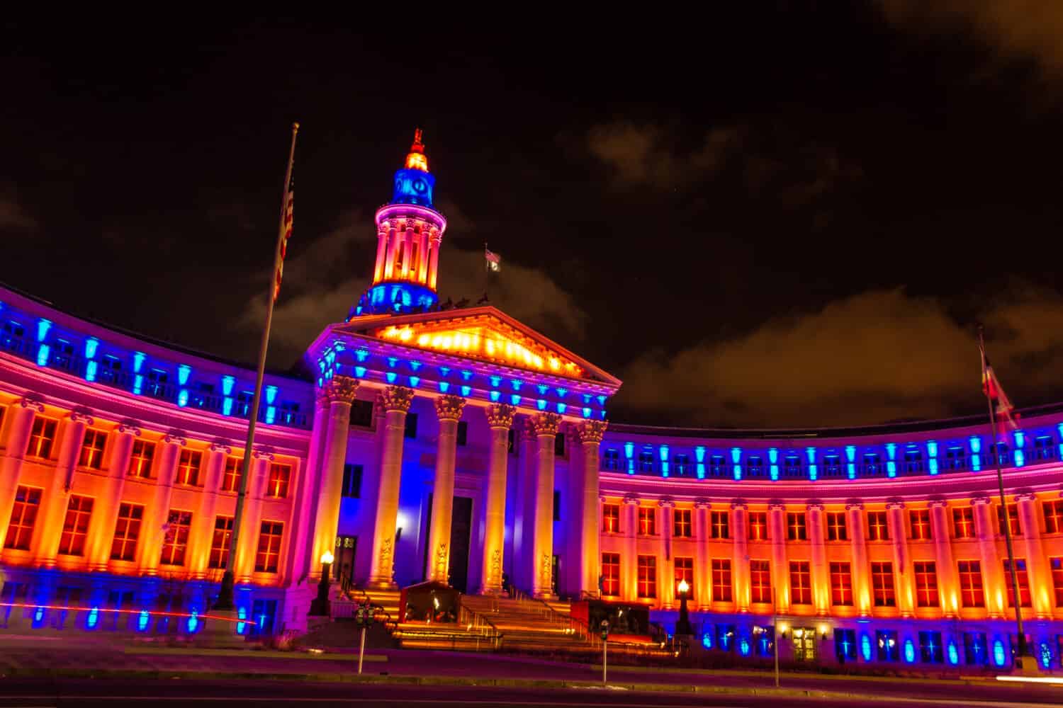 2013 Denver City and County Building special lighting in Denver Broncos orange and blue for the 2013 NFL Playoffs